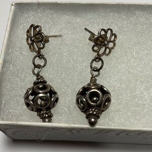 Sterling Silver Bali Style Flower and Ball Drop Dangle Earrings 1 inch long